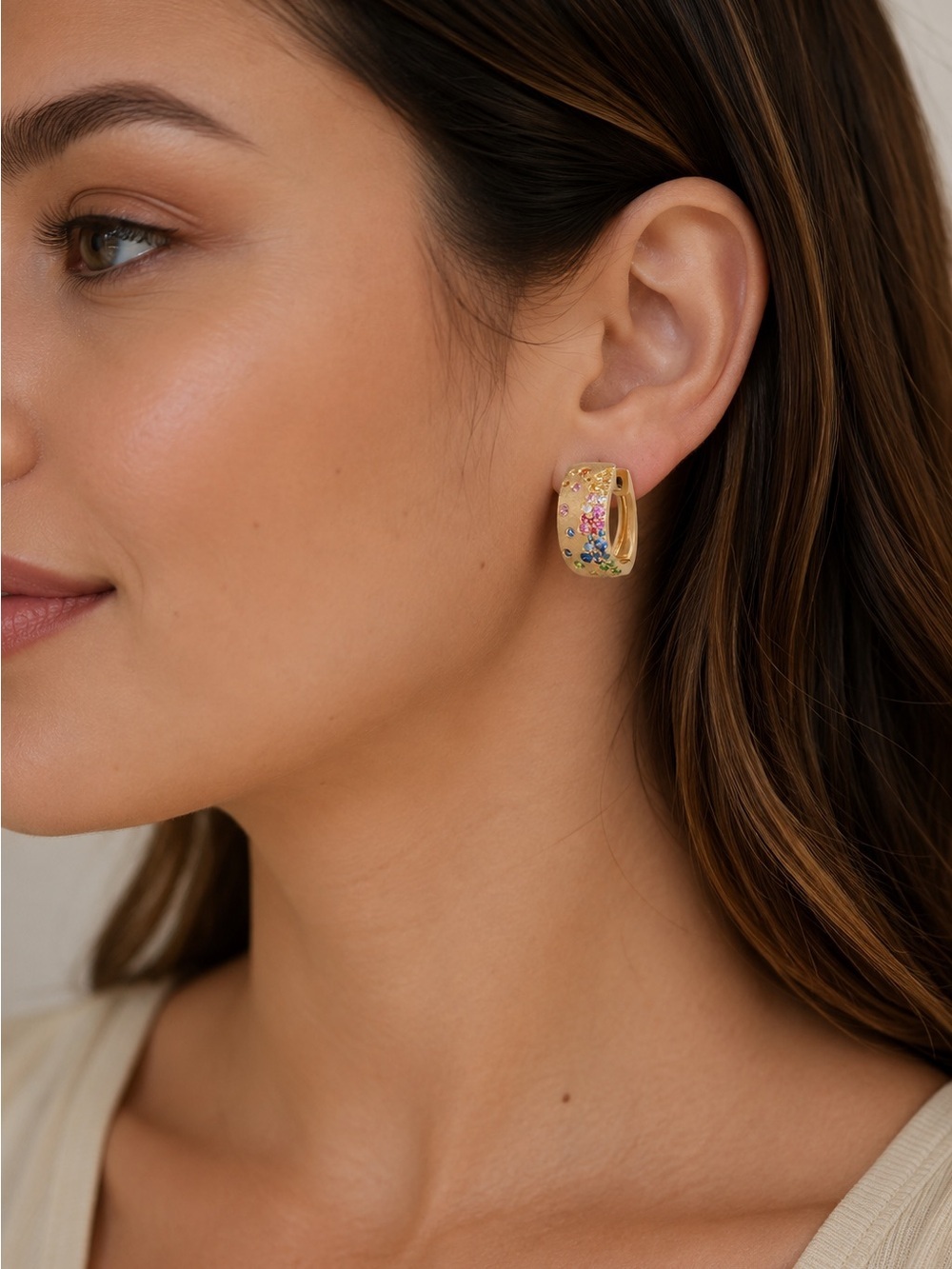 Gold Tone Rainbow Crystal Hoop Colorful Rhinestone Earrings